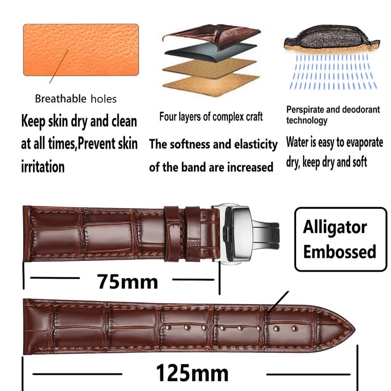 MORANO Moran Genuine Leather Replacement Watch Band Deployment Buckle 18mm 19mm 20mm 21mm 22mm 23mm 24mm Calfskin Watch Strap for Men's and Women's - Image 4